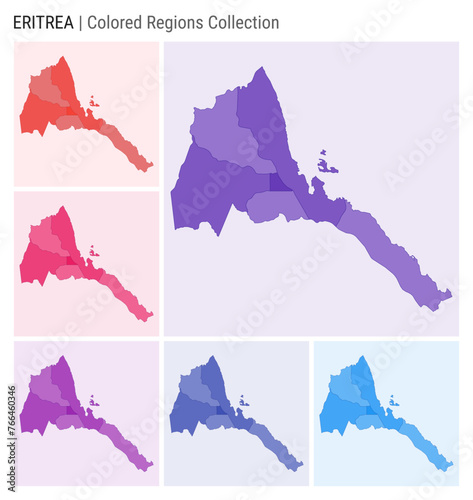 Eritrea map collection. Country shape with colored regions. Deep Purple, Red, Pink, Purple, Indigo, Blue color palettes. Border of Eritrea with provinces for your infographic. Vector illustration. photo