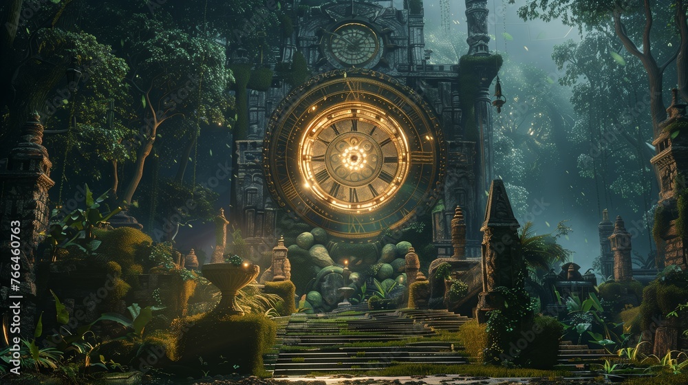 In a realm where time flows backward, a grandiose deco-inspired clock tower rises majestically amidst a lush forest.