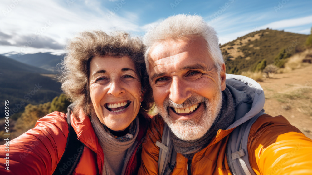 A couple is smiling and posing for a picture on a mountain A couple is smiling and posing for a picture on a mountain