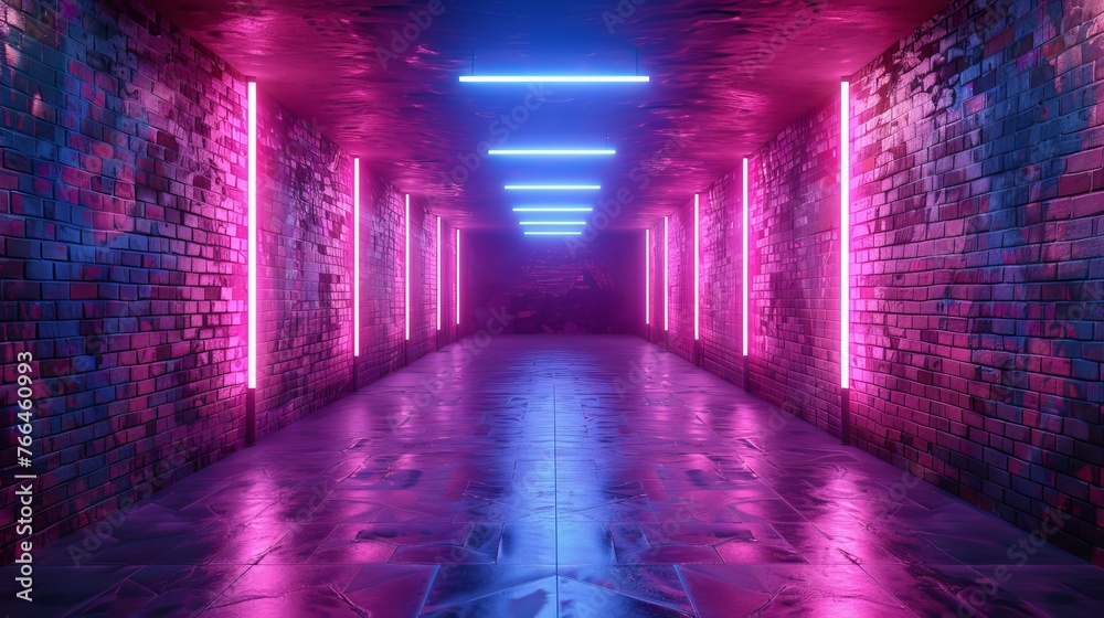 Realistic 3D rendering presents a sci-fi underground garage wall adorned with neon lights and graffiti in blue and purple hues.