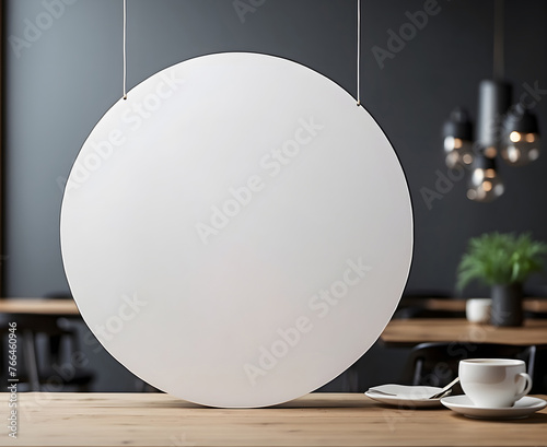 A mock-up of a blank white circle for the cafe, restaurant name, and logo. Mock-up signage for the front shop. Circle-shaped logo sign template design.
