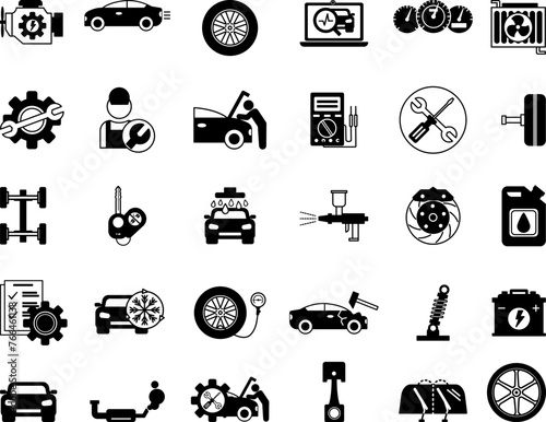 Black Car Service Icons Set. Vector Icons of Car, Engine, Wheel, Car Wash, Electrical Maintenance, Body Repair, Service, Windshield Wiper, Machine Oil and Other