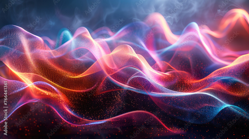 A colorful, abstract image of a wave with a purple, orange and blue section. The image has a dreamlike and surreal quality. Moving, energetic and dynamic image. Ai generated