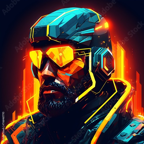 Fantasy Soldier Shines with Geometric-style Neon Glow in Hologram photo