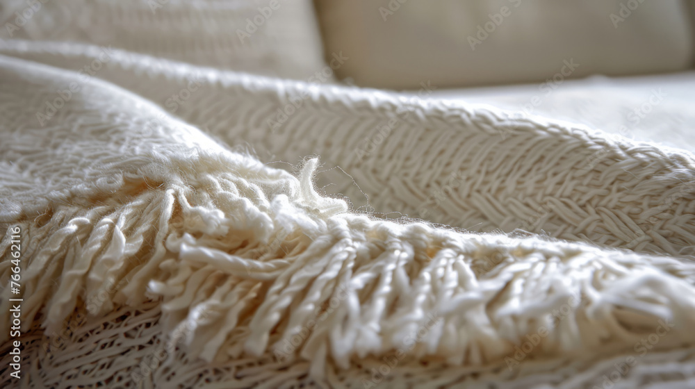 Close-up of a cozy woven blanket on a bed in a sunlit room. Cozy interior detail Close-up of a cozy woven blanket on a bed in a sunlit room. Cozy interior detail