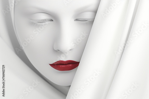 Beauty, make-up, fine-art concept. Beautiful young woman with closed eyes close-up portrait. Models with white dyed face and red lipstick. Three dimensional style