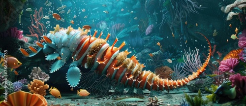 A playful 3D scene showing a giant isopod engaging in an unlikely friendship with a group of mermaids  illustrating a whimsical underwater story