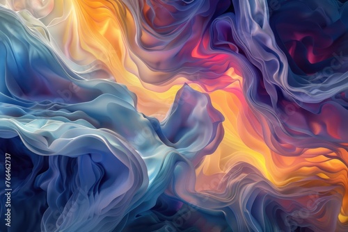 An abstract 3D representation of a mindfulness meditation session, with flowing colors and light symbolizing mental clarity, calmness, and focus