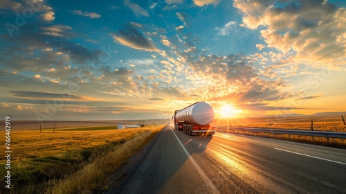 Fuel truck moves towards the horizon on a bright sunny day photo