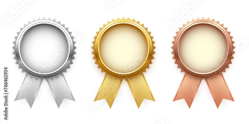 Medals for first, second, third place with ribbons. Gold, silver and bronze ranks on white background. Award nomination. Championship in sport or movie vector illustration photo