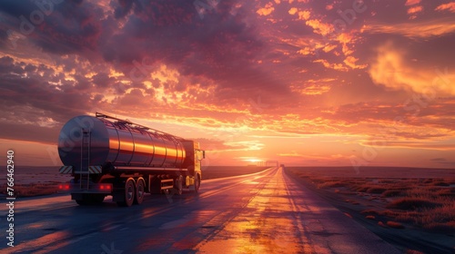 A tanker truck drives along a scenic road at sunset as the sky glows in hues of orange and pink