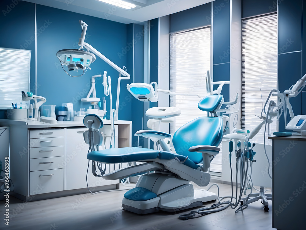 Modern Dental Clinics, Dentist chairs and other accessories dentists use in blue medical light design.
