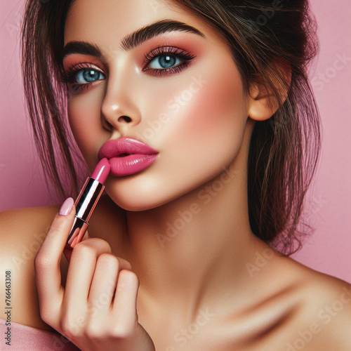 Portrait of a beautiful girl model with makeup, paints her lips with lipstick.