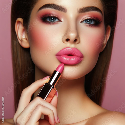Portrait of a beautiful girl model with makeup, paints her lips with lipstick.