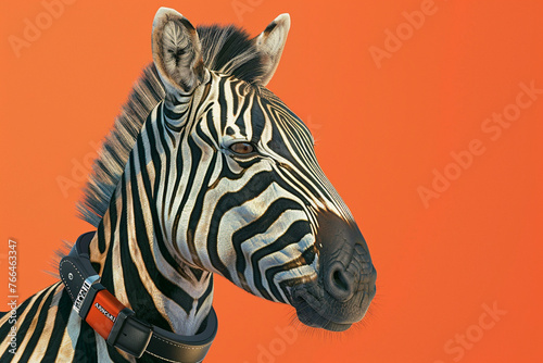 A close-up view of an anthropomorphic zebra  wearing an Armani leather wristband  against a striking orange background.