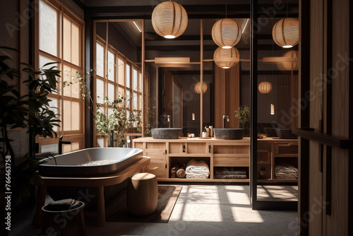 Cozy interior of bathroom in modern house in Japandi style.