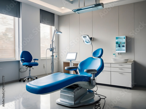 Modern Dental Clinics  Dentist chairs and other accessories dentists use in blue medical light design.