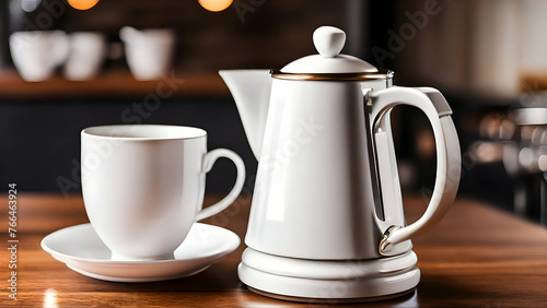 Tea, Teapot, Cup, white, wooden table, saucer, hot, breakfast, table, traditional, drink, teapot and cup