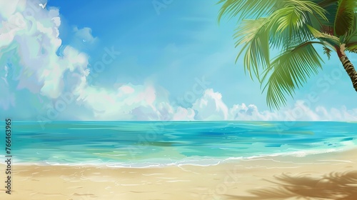 beach with palm tree, white clouds and blue sky presentation background, holiday vacation concept