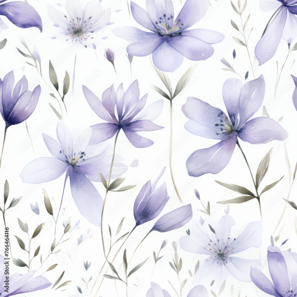 Watercolor lilac flowers on white, floral seamless pattern. Spring design for fabric, wallpaper and printed products.