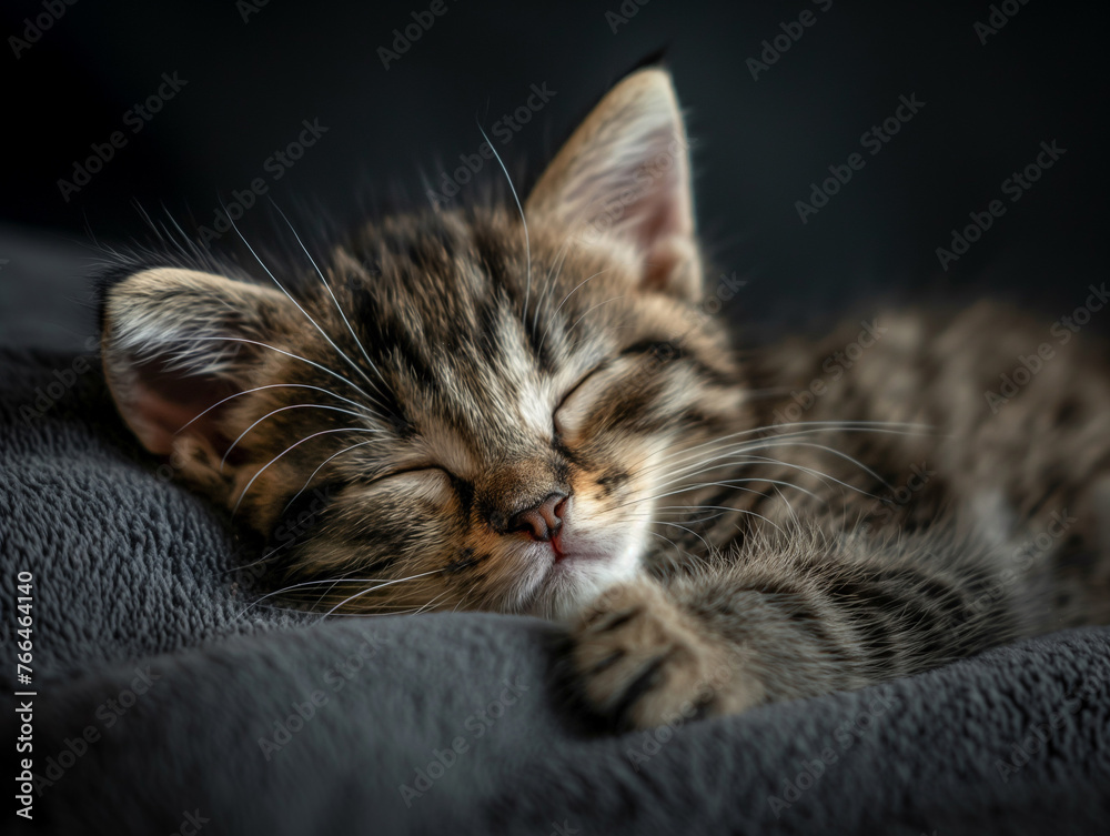 A baby kitten peacefully napping in a cozy spot