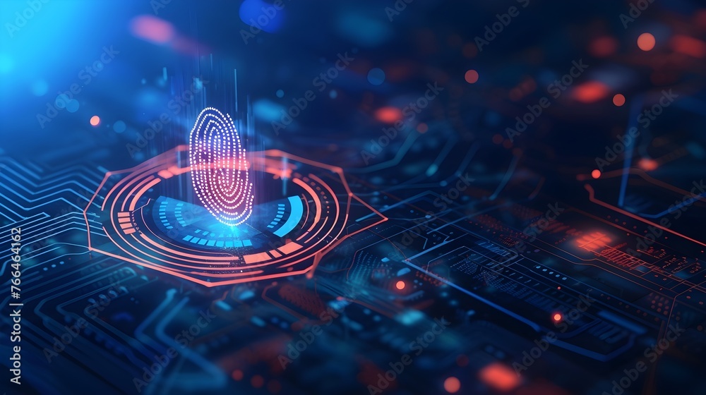Source of biometric data, finger print or digital identity in a futuristic technology background with glowing lines and circuit board texture. Source of biometric data, finger print or digital identity in a futuristic technology background with glowing lines and circuit board texture.