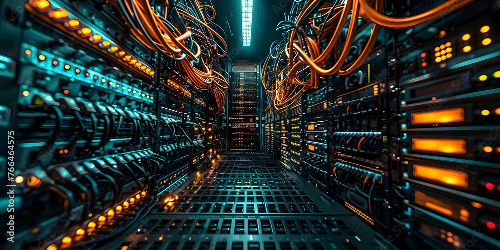 Explore a network operation center with rows of servers and cables showcasing the vast internet infrastructure. Concept Data Center, Network Operations, Server Racks, Internet Infrastructure - obrazy, fototapety, plakaty 