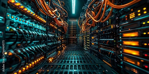 Explore a network operation center with rows of servers and cables showcasing the vast internet infrastructure. Concept Data Center, Network Operations, Server Racks, Internet Infrastructure