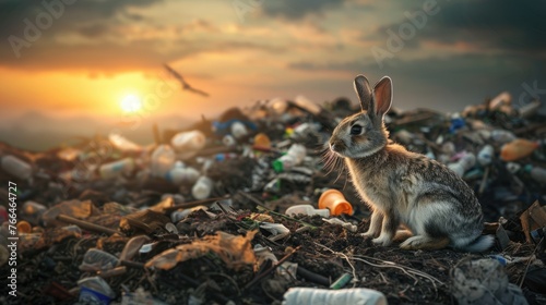 Polluted world. Garbage and waste. Animals suffer from pollution. Ecological disaster concept. AI-generated.