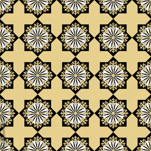 Decorative Asian folk seamless pattern. Repeating background in nomad style. Colored fabric swatch with surface design, minimal print on wallpaper, fabrics, gift wrap, templates. Vector.