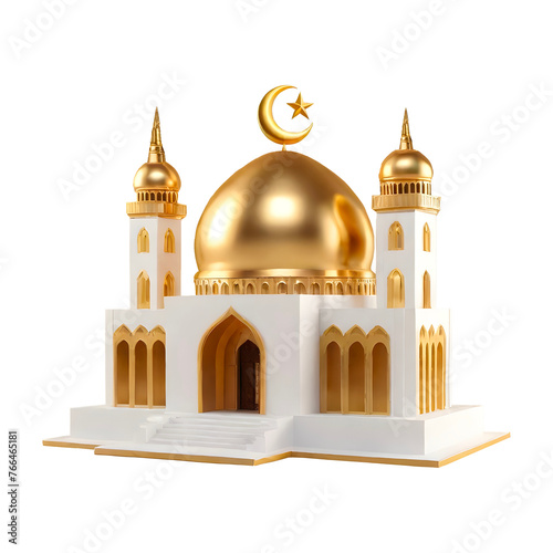 3d white and golden mosque with golden crescent moon isolated object transparent background