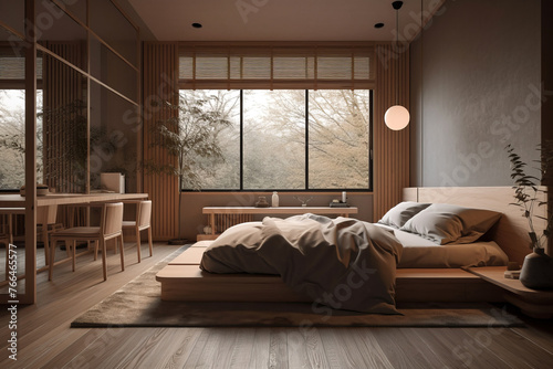 Cozy interior of bedroom in modern house in Japandi style. © tynza