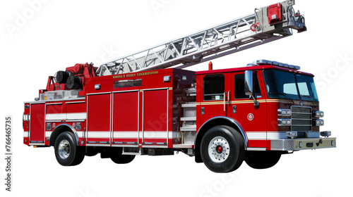 A red fire truck with a ladder extending from its roof
