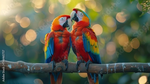 Two Colorful Parrots Perched on Tree Branch © yganko