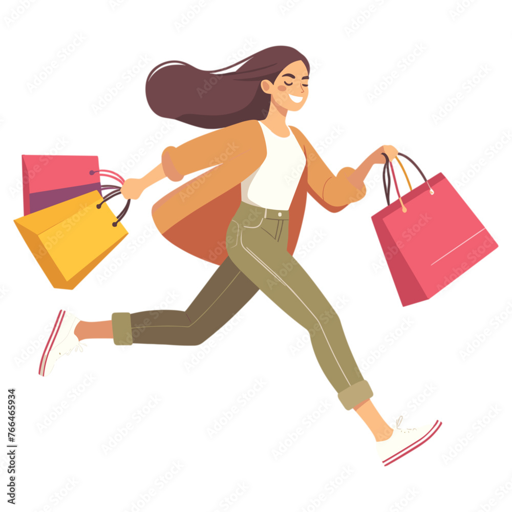 vector Happy Woman running with shopping bag buying with big discount concept vector Happy Woman running with shopping bag buying with big discount concept
