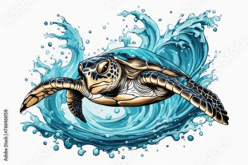 Turtle gracefully swimming in water surrounded by bubbles, showcasing its serene underwater world. For Tshirt design, posters, postcards, other merchandise with marine theme, childrens books.