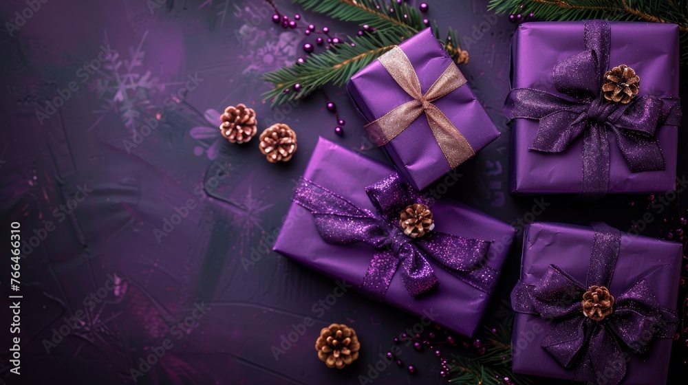Purple Wrapped Presents With Christmas Decorations on Purple Background