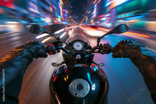 First-person view of rider speed down night city street on sports motorbike, hands clutching the handles with motion blur effect. Concept of speed and adrenaline