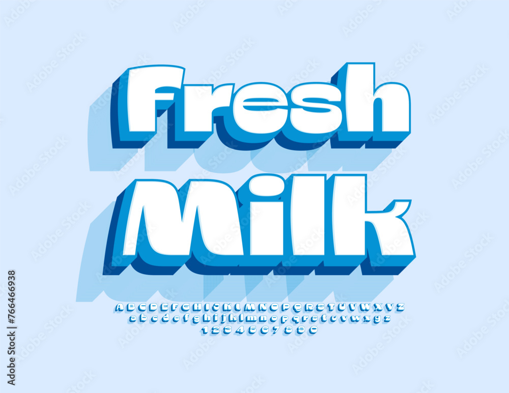 Fototapeta premium Vector artistic Emblem Fresh Milk. Modern 3D bright Font. Creative Alphabet Letters and Number set.
