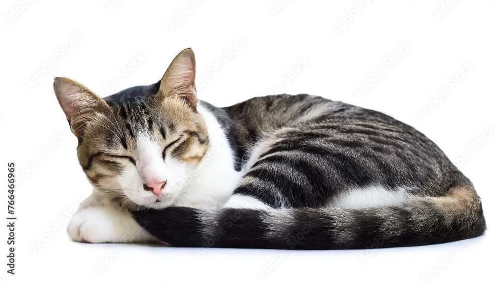 Fototapeta premium schlafende Katze isoliert auf weißen Hintergrund, Freisteller