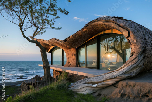 Eagle-wing-shaped house design emphasizing natural materials in a close exterior view with a background color of oceanic blue