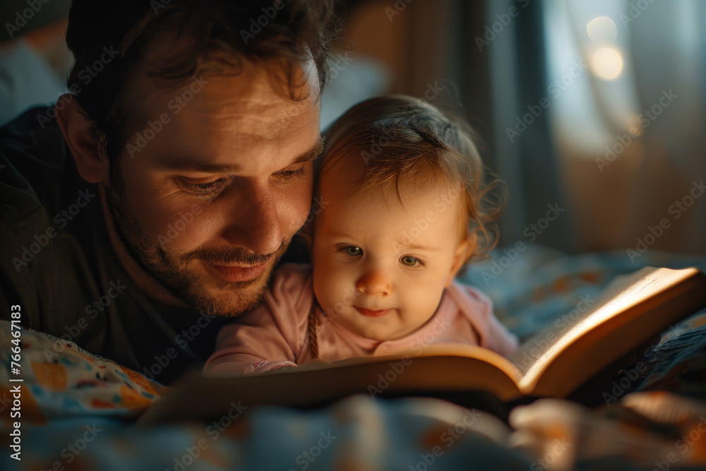 Warm bedtime reading, father and child lost in a book, heartwarming close up shot, parenting concept. Warm bedtime reading, father and child lost in a book, heartwarming close up shot, parenting concept.