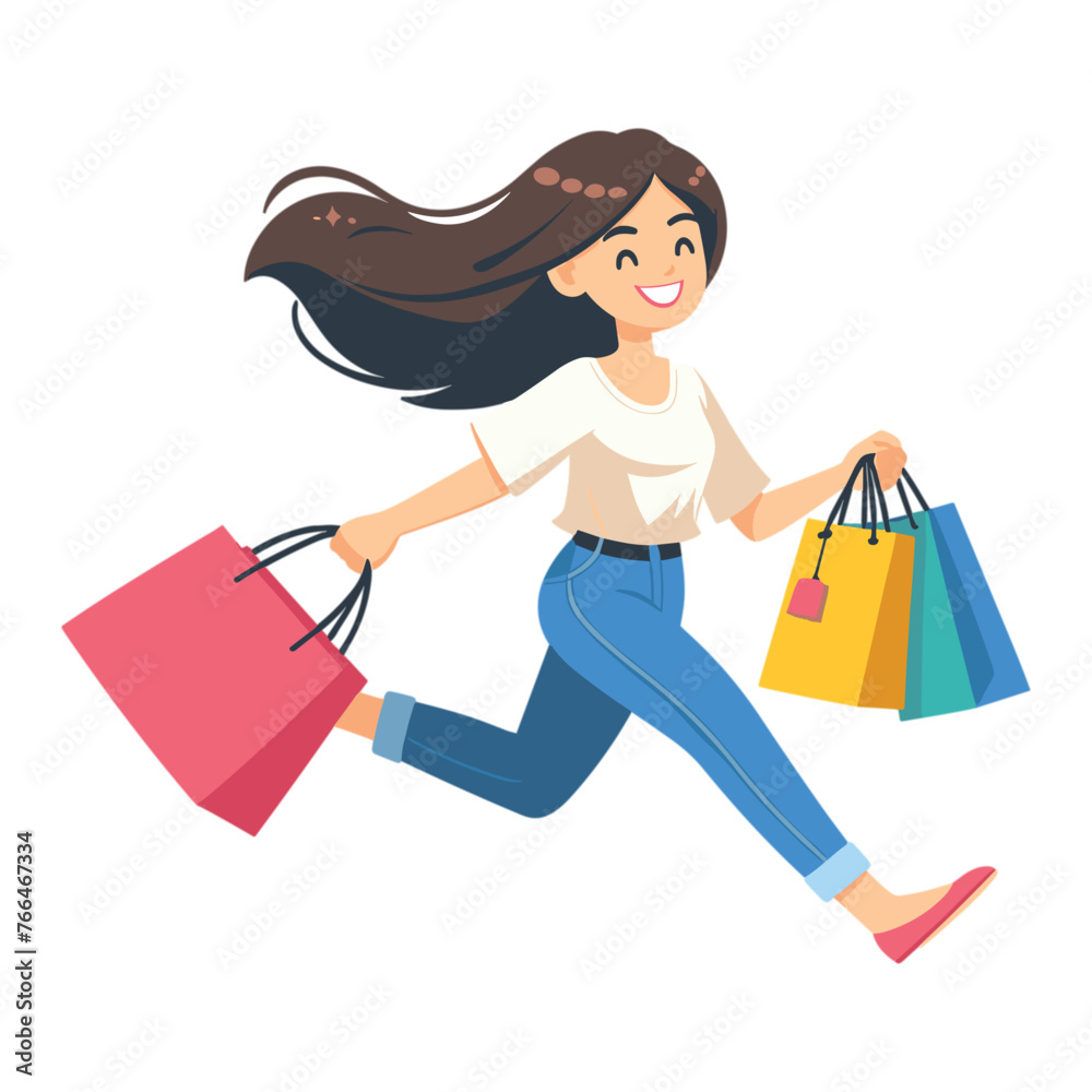 vector Happy Woman running with shopping bag buying with big discount concept vector Happy Woman running with shopping bag buying with big discount concept