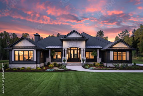 Elegant black and dark grey one-story traditional house set against the vibrant hues of a sunset sky, emphasizing the house's exterior design © Counter