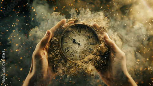 Clock is dissolve in to dust in hands, running out of time concept. photo