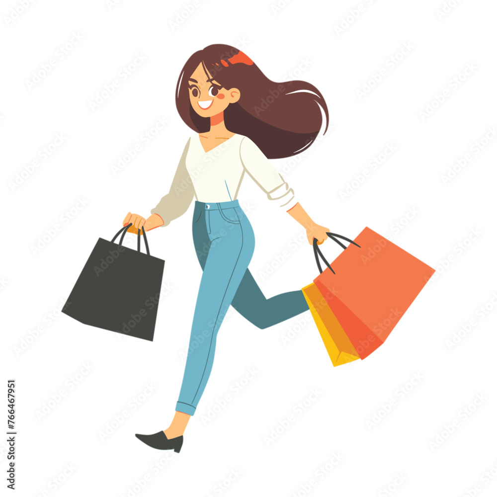 vector Happy Woman running with shopping bag buying with big discount concept