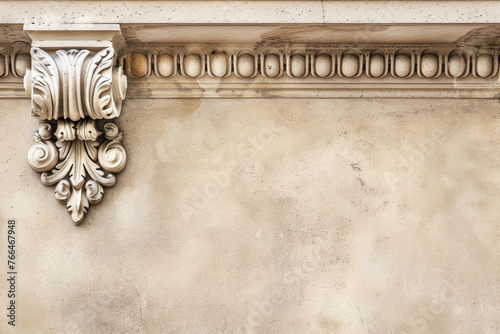 Exterior view of a Victorian architectural cornice against a light brown background