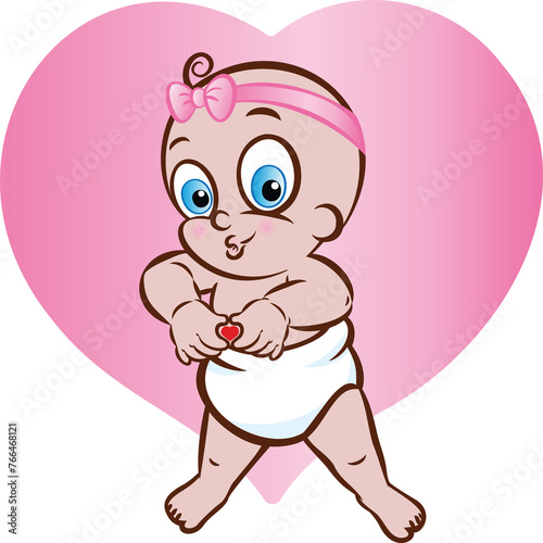 Vector illustration of a baby  girl in diaper making a heart sign or shape