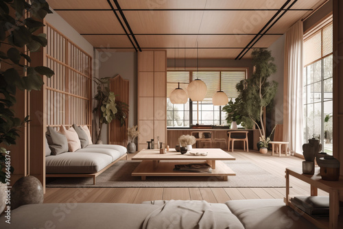 Cozy interior of living room in modern house in Japandi style.