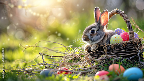 Easter bunny rabbit and Easter eggs in the basket on green grass in spring.